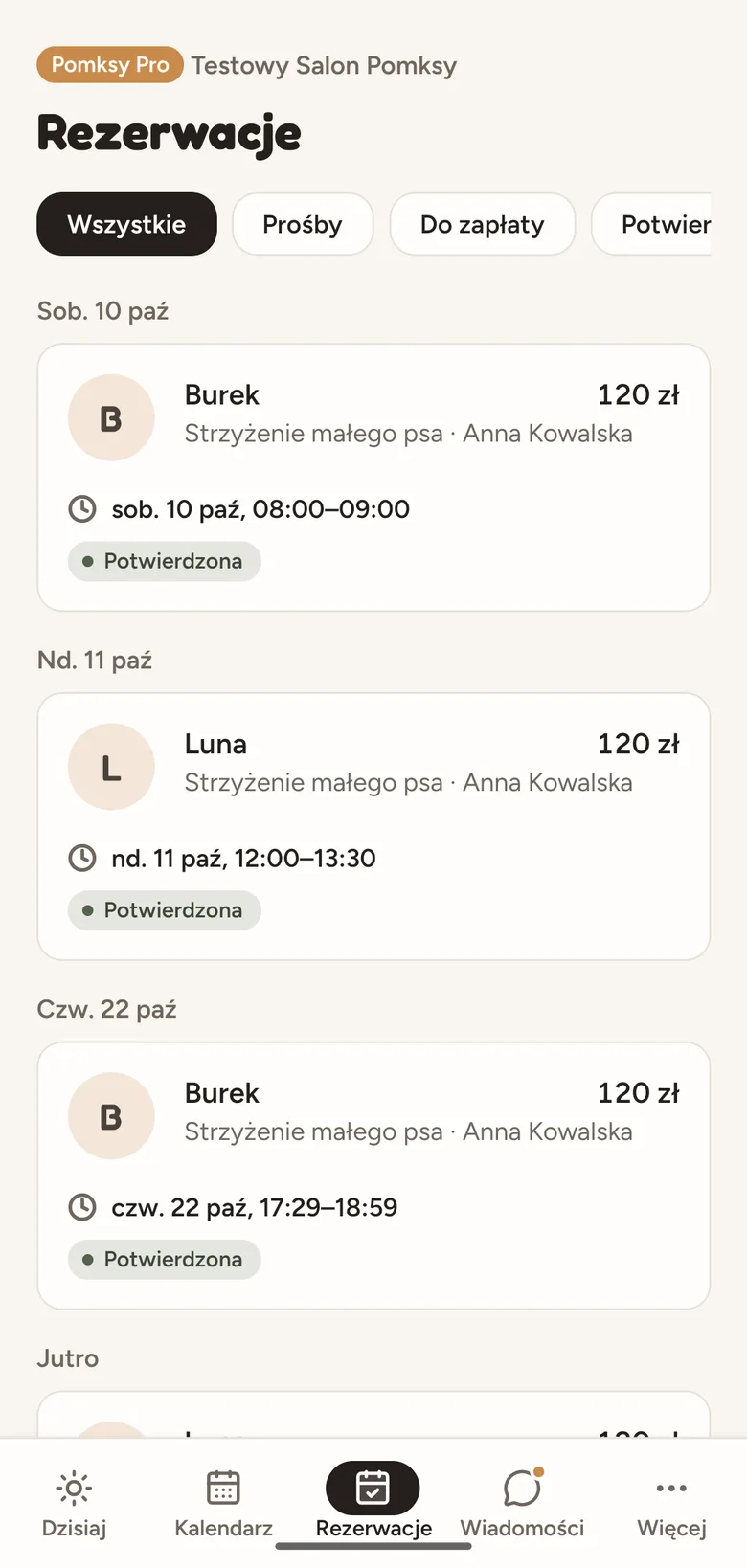 Pomksy Pro Lite: lista rezerwacji pogrupowana według dni, z filtrami
