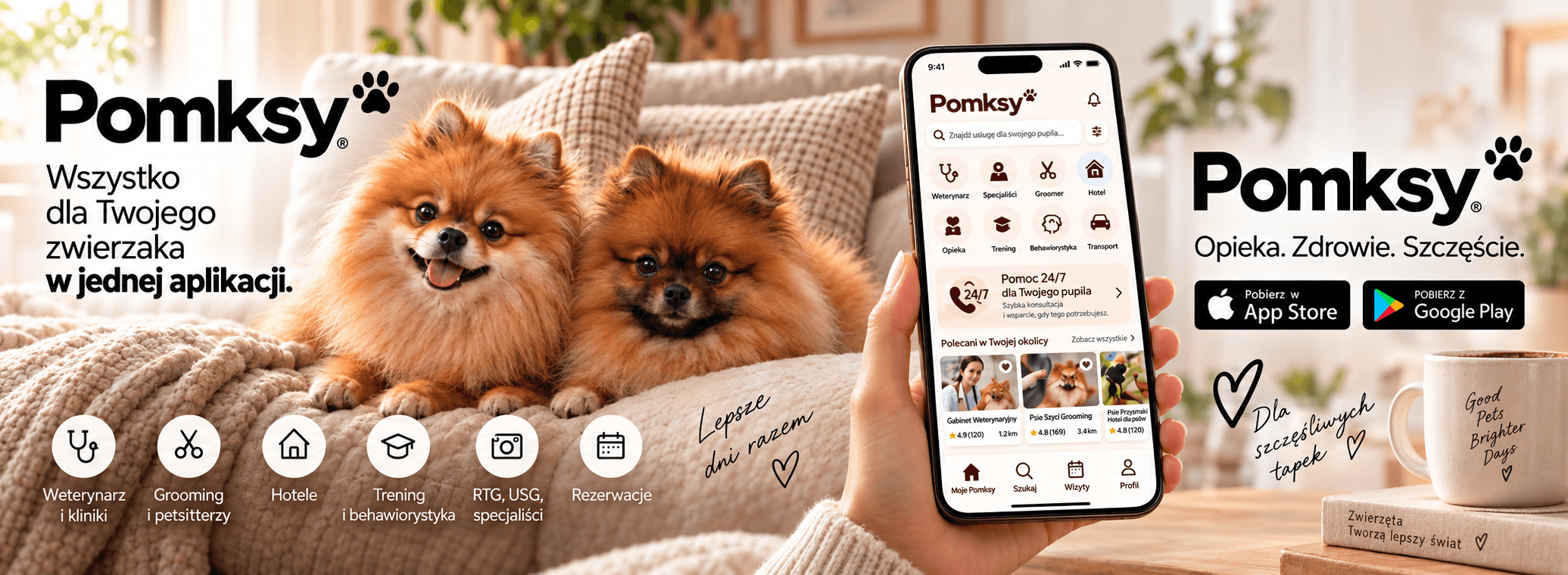 Aplikacja Pomksy na telefonie z listą usług dla zwierząt