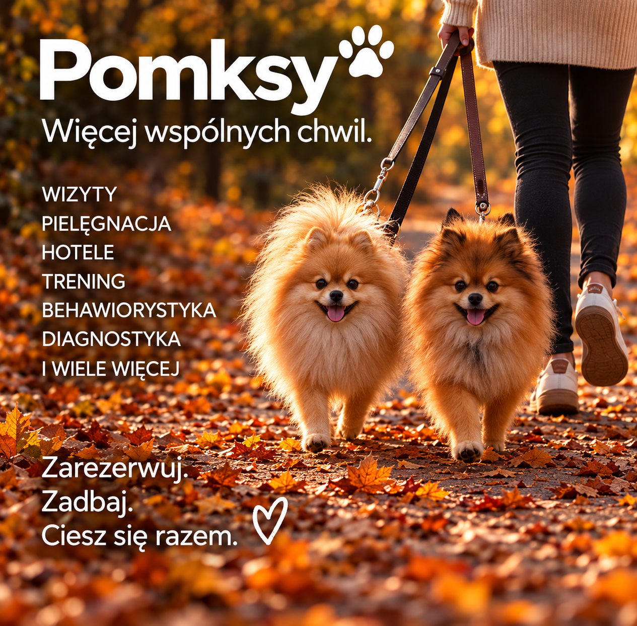 Spacer z dwoma pieskami w jesiennych liściach, hasło „Więcej wspólnych chwil”