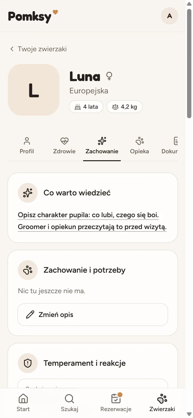 Care Passport w Pomksy: temperament i reakcje pupila uzupełnione przez właściciela